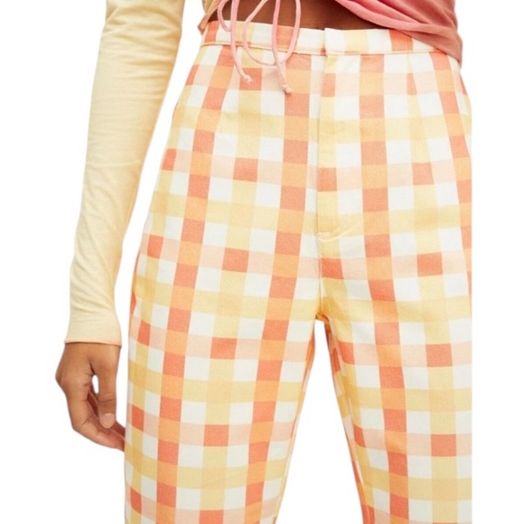 Free People She’s All That Orange Yellow Picnic Gingham Checker Crop Pants - 8 - Picture 4 of 15